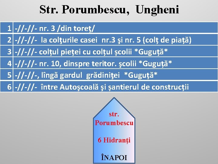 Str. Porumbescu, Ungheni 1 2 3 4 5 6 -//-//- nr. 3 /din toreţ/