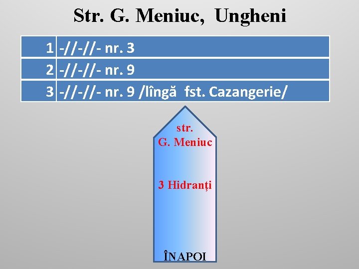 Str. G. Meniuc, Ungheni 1 -//-//- nr. 3 2 -//-//- nr. 9 3 -//-//-