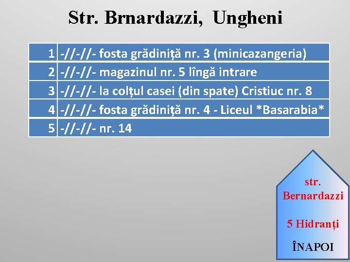 Str. Brnardazzi, Ungheni 1 2 3 4 5 -//-//- fosta grădiniță nr. 3 (minicazangeria)