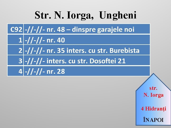 Str. N. Iorga, Ungheni C 92 1 2 3 4 -//-//- nr. 48 –