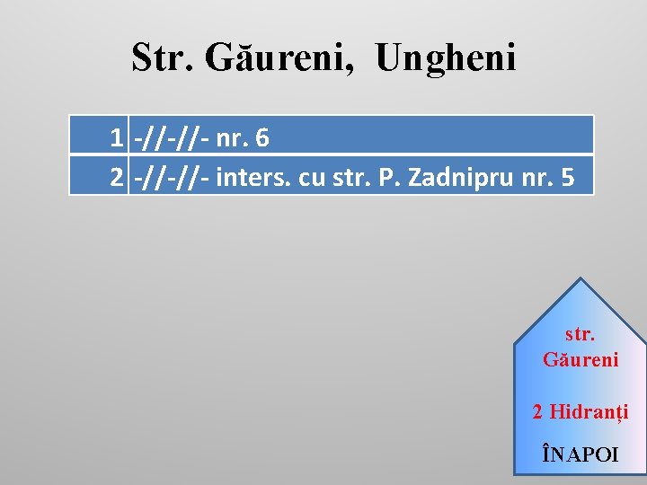 Str. Găureni, Ungheni 1 -//-//- nr. 6 2 -//-//- inters. cu str. P. Zadnipru