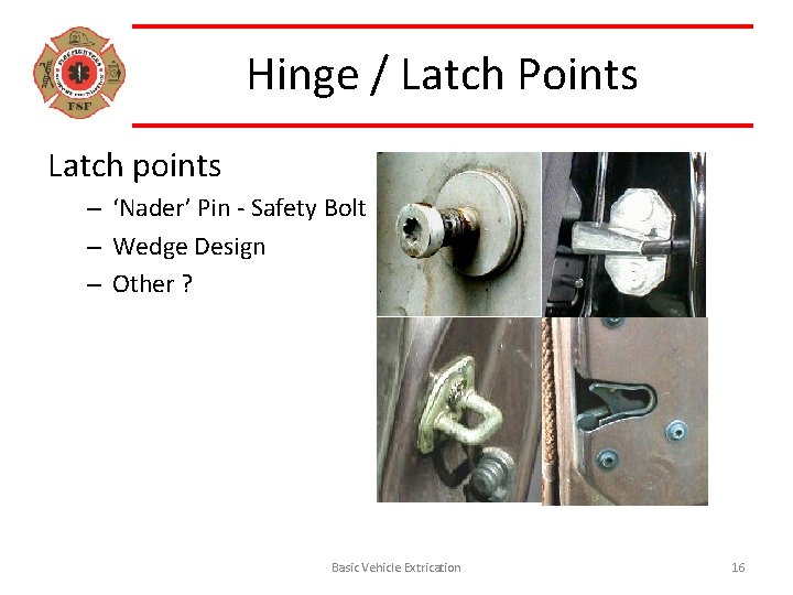 Hinge / Latch Points Latch points – ‘Nader’ Pin - Safety Bolt – Wedge