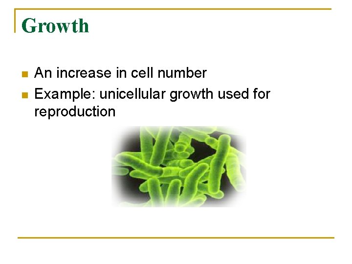 Growth n n An increase in cell number Example: unicellular growth used for reproduction