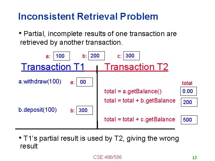 Inconsistent Retrieval Problem • Partial, incomplete results of one transaction are retrieved by another