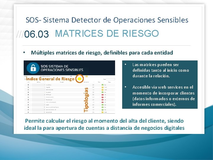 SOS- Sistema Detector de Operaciones Sensibles ///06. 03 MATRICES DE RIESGO • Múltiples matrices