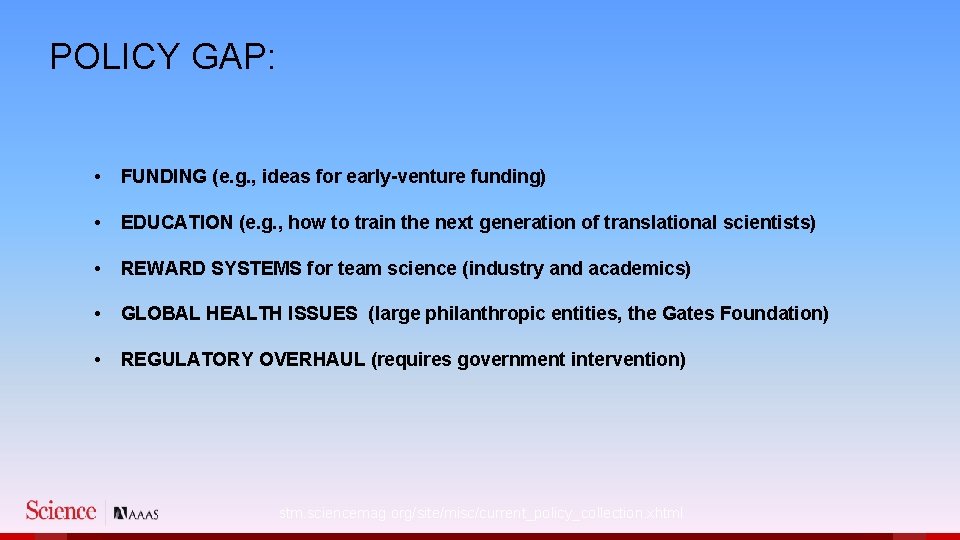  POLICY GAP: • FUNDING (e. g. , ideas for early-venture funding) • EDUCATION