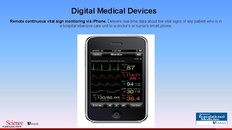 Digital Medical Devices Remote continuous vital sign monitoring via i. Phone. Delivers real-time data