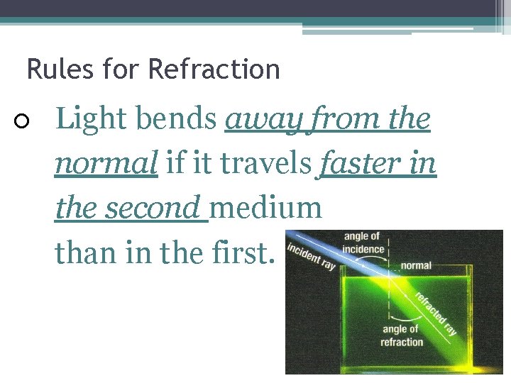 Rules for Refraction Light bends away from the normal if it travels faster in