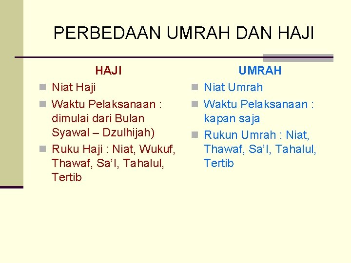 PERBEDAAN UMRAH DAN HAJI n Niat Haji n Waktu Pelaksanaan : dimulai dari Bulan PERBEDAAN UMRAH DAN HAJI n Niat Haji n Waktu Pelaksanaan : dimulai dari Bulan