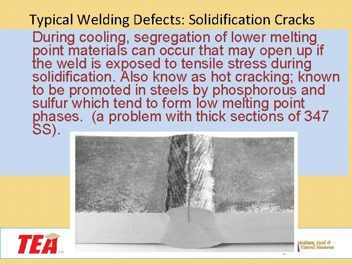 Typical Welding Defects: Solidification Cracks During cooling, segregation of lower melting point materials can