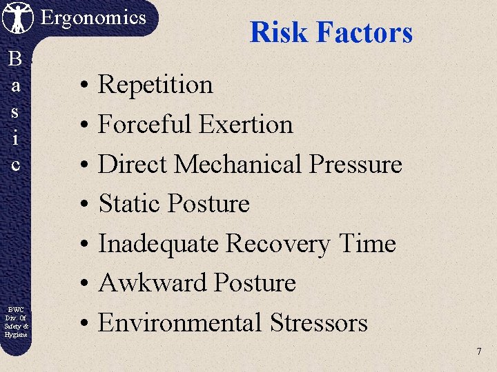 Ergonomics B a s i c BWC Div. Of Safety & Hygiene • •