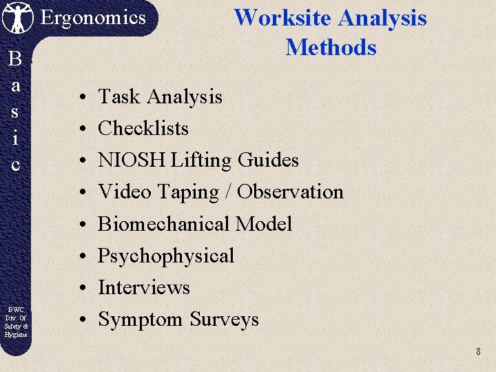 Ergonomics B a s i c BWC Div. Of Safety & Hygiene • •