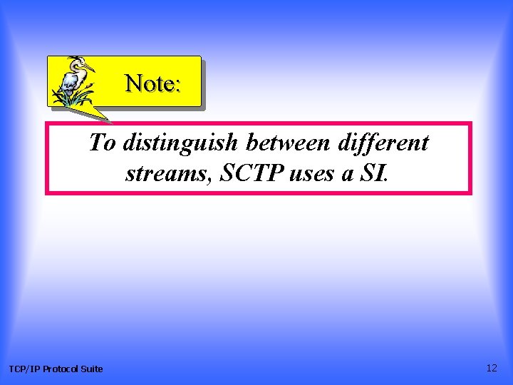 Note: To distinguish between different streams, SCTP uses a SI. TCP/IP Protocol Suite 12 Note: To distinguish between different streams, SCTP uses a SI. TCP/IP Protocol Suite 12