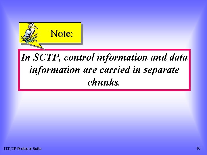 Note: In SCTP, control information and data information are carried in separate chunks. TCP/IP Note: In SCTP, control information and data information are carried in separate chunks. TCP/IP