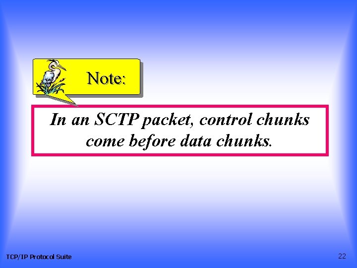 Note: In an SCTP packet, control chunks come before data chunks. TCP/IP Protocol Suite Note: In an SCTP packet, control chunks come before data chunks. TCP/IP Protocol Suite