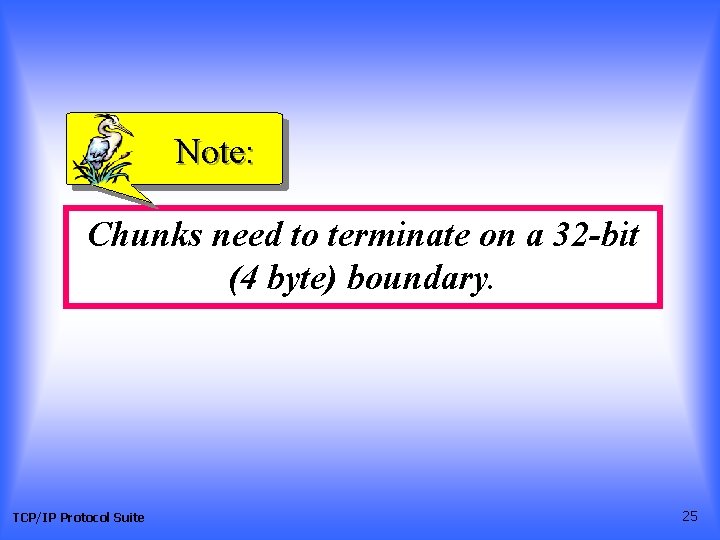 Note: Chunks need to terminate on a 32 -bit (4 byte) boundary. TCP/IP Protocol Note: Chunks need to terminate on a 32 -bit (4 byte) boundary. TCP/IP Protocol