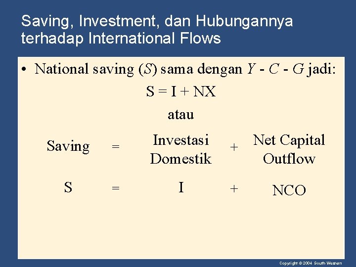 Saving, Investment, dan Hubungannya terhadap International Flows • National saving (S) sama dengan Y