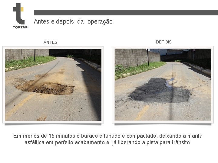 Antes e depois da operação ANTES DEPOIS Em menos de 15 minutos o buraco