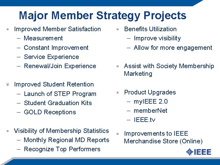 Major Member Strategy Projects Improved Member Satisfaction – Measurement – Constant Improvement – Service