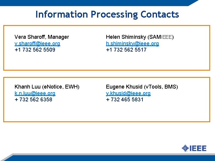 Information Processing Contacts Vera Sharoff, Manager v. sharoff@ieee. org +1 732 562 5509 Helen