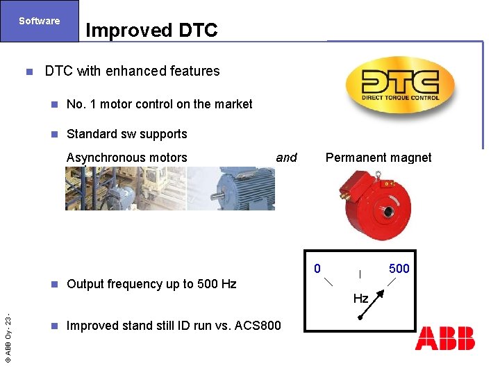 Software n Improved DTC with enhanced features n No. 1 motor control on the