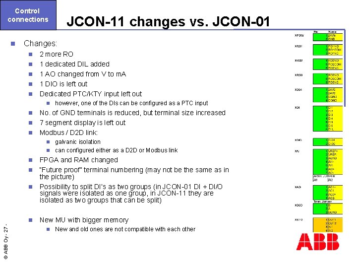 Control connections n JCON-11 changes vs. JCON-01 Changes: n n n 2 more RO