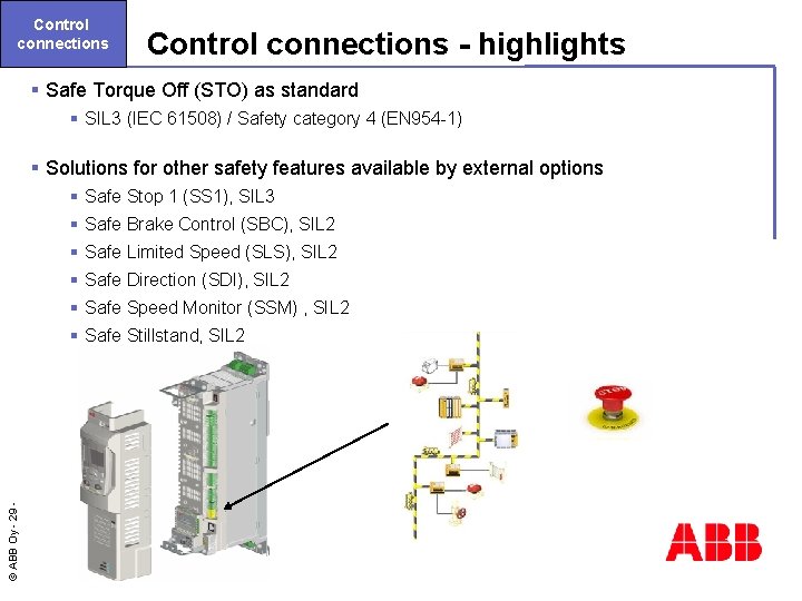 Control connections - highlights § Safe Torque Off (STO) as standard § SIL 3