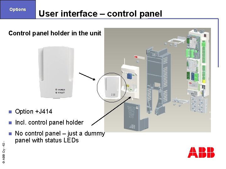 Options User interface – control panel Control panel holder in the unit Option +J