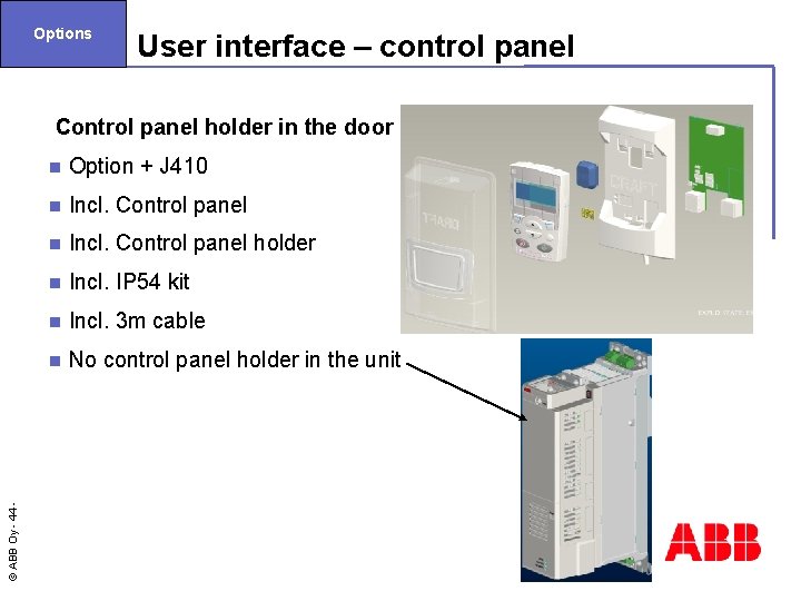 Options User interface – control panel Control panel holder in the door n Option