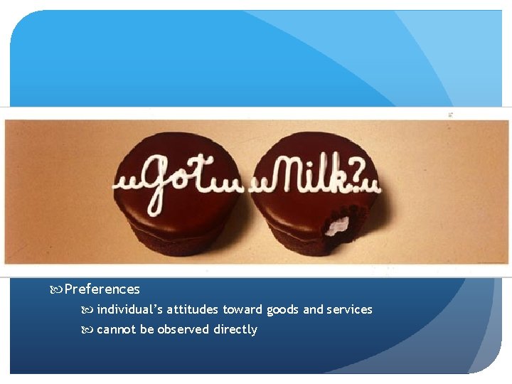 Preferences individual’s attitudes toward goods and services cannot be observed directly Preferences individual’s attitudes toward goods and services cannot be observed directly