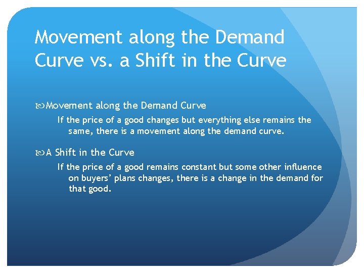 Movement along the Demand Curve vs. a Shift in the Curve Movement along the Movement along the Demand Curve vs. a Shift in the Curve Movement along the