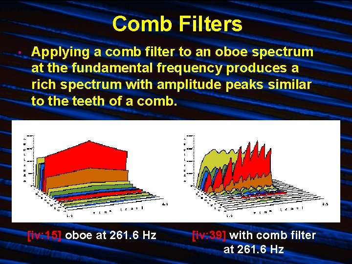 Comb Filters • Applying a comb filter to an oboe spectrum at the fundamental Comb Filters • Applying a comb filter to an oboe spectrum at the fundamental