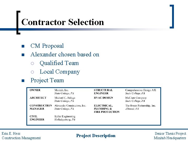 Contractor Selection n CM Proposal Alexander chosen based on ¡ Qualified Team ¡ Local