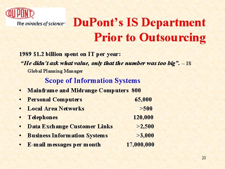 Du. Pont’s IS Department Prior to Outsourcing 1989 $1. 2 billion spent on IT Du. Pont’s IS Department Prior to Outsourcing 1989 $1. 2 billion spent on IT
