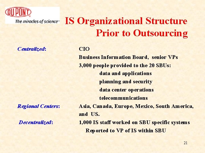 IS Organizational Structure Prior to Outsourcing Centralized: Regional Centers: Decentralized: CIO Business Information Board, IS Organizational Structure Prior to Outsourcing Centralized: Regional Centers: Decentralized: CIO Business Information Board,