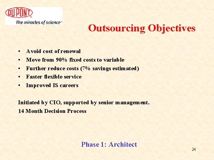 Outsourcing Objectives • • • Avoid cost of renewal Move from 90% fixed costs Outsourcing Objectives • • • Avoid cost of renewal Move from 90% fixed costs