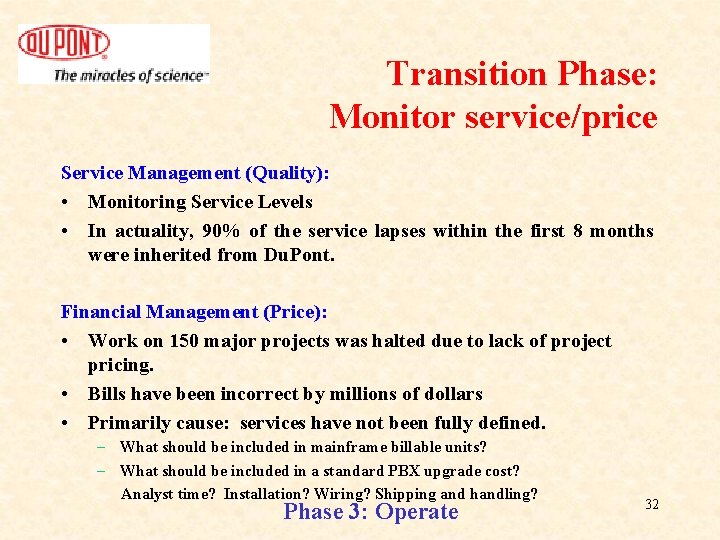 Transition Phase: Monitor service/price Service Management (Quality): • Monitoring Service Levels • In actuality, Transition Phase: Monitor service/price Service Management (Quality): • Monitoring Service Levels • In actuality,