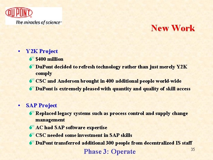 New Work • Y 2 K Project M $400 million M Du. Pont decided New Work • Y 2 K Project M $400 million M Du. Pont decided