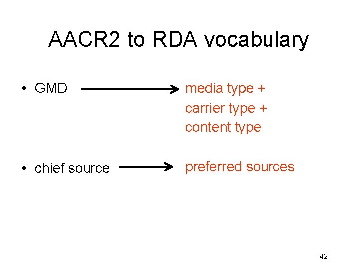 AACR 2 to RDA vocabulary • GMD media type + carrier type + content
