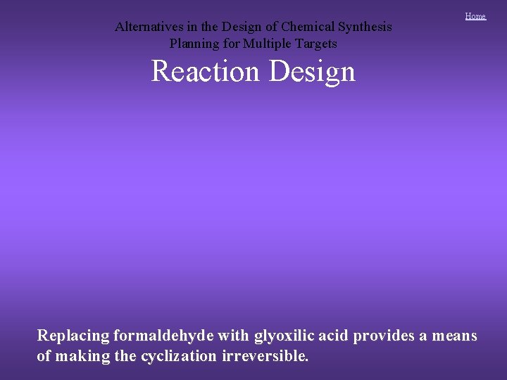 Alternatives in the Design of Chemical Synthesis Planning for Multiple Targets Home Reaction Design