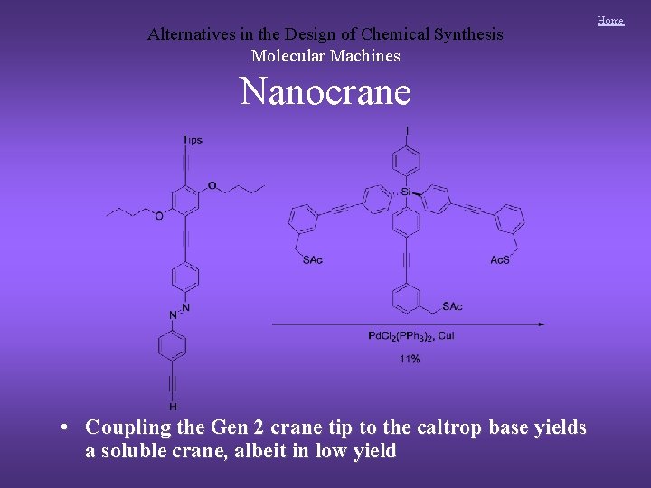 Alternatives in the Design of Chemical Synthesis Molecular Machines Nanocrane • Coupling the Gen