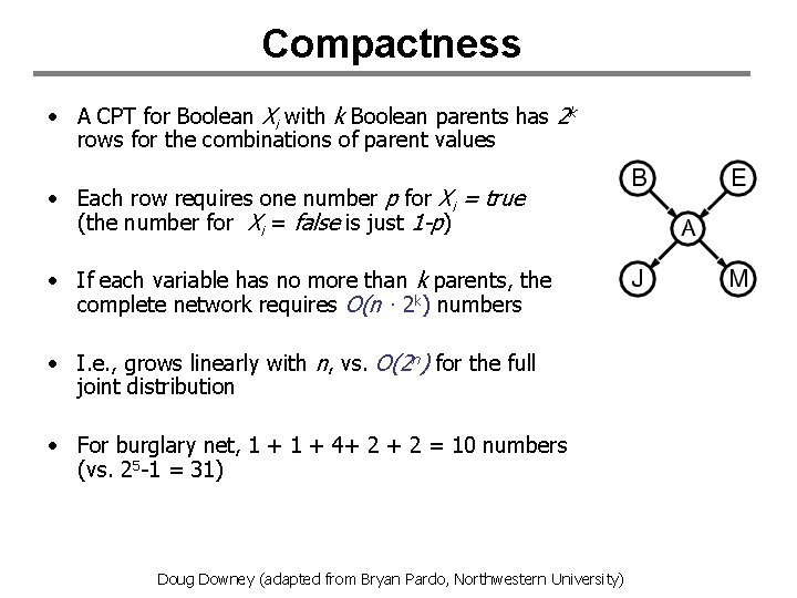 Compactness • A CPT for Boolean Xi with k Boolean parents has 2 k