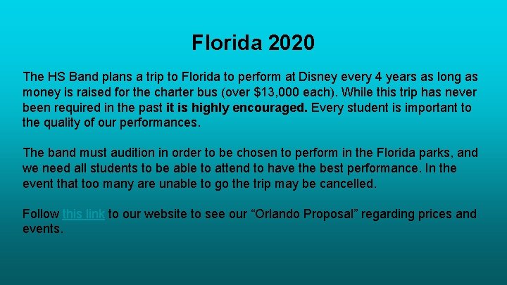 Florida 2020 The HS Band plans a trip to Florida to perform at Disney Florida 2020 The HS Band plans a trip to Florida to perform at Disney