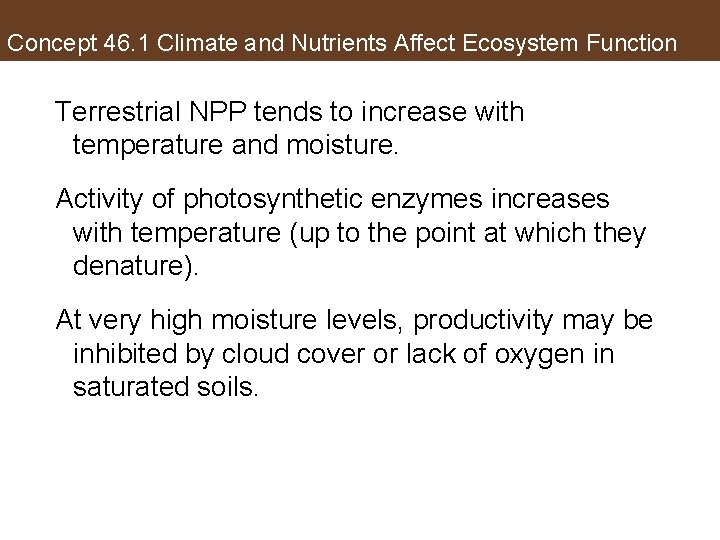 Concept 46. 1 Climate and Nutrients Affect Ecosystem Function Terrestrial NPP tends to increase