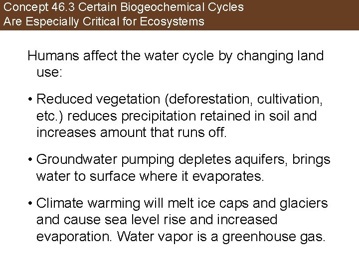 Concept 46. 3 Certain Biogeochemical Cycles Are Especially Critical for Ecosystems Humans affect the