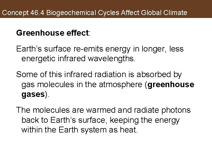 Concept 46. 4 Biogeochemical Cycles Affect Global Climate Greenhouse effect: Earth’s surface re-emits energy