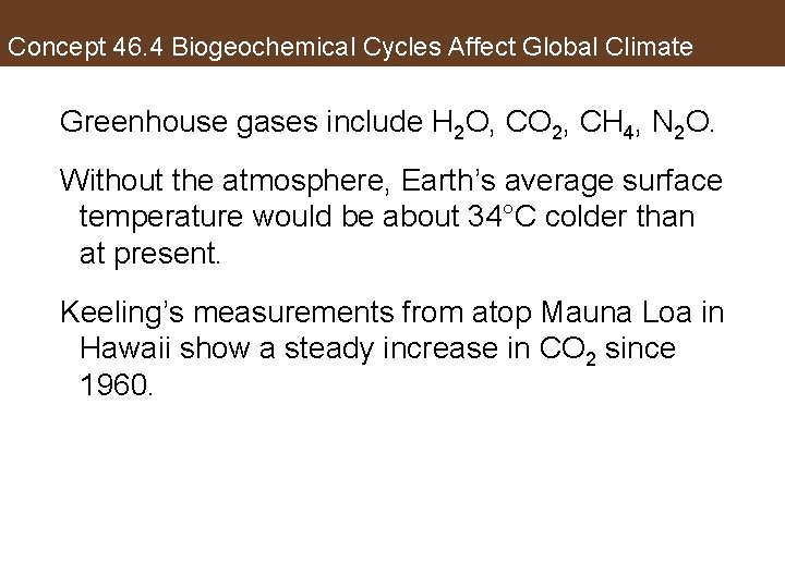 Concept 46. 4 Biogeochemical Cycles Affect Global Climate Greenhouse gases include H 2 O,