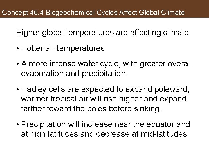 Concept 46. 4 Biogeochemical Cycles Affect Global Climate Higher global temperatures are affecting climate: