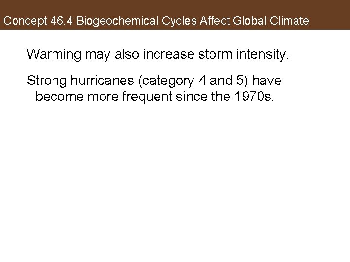 Concept 46. 4 Biogeochemical Cycles Affect Global Climate Warming may also increase storm intensity.