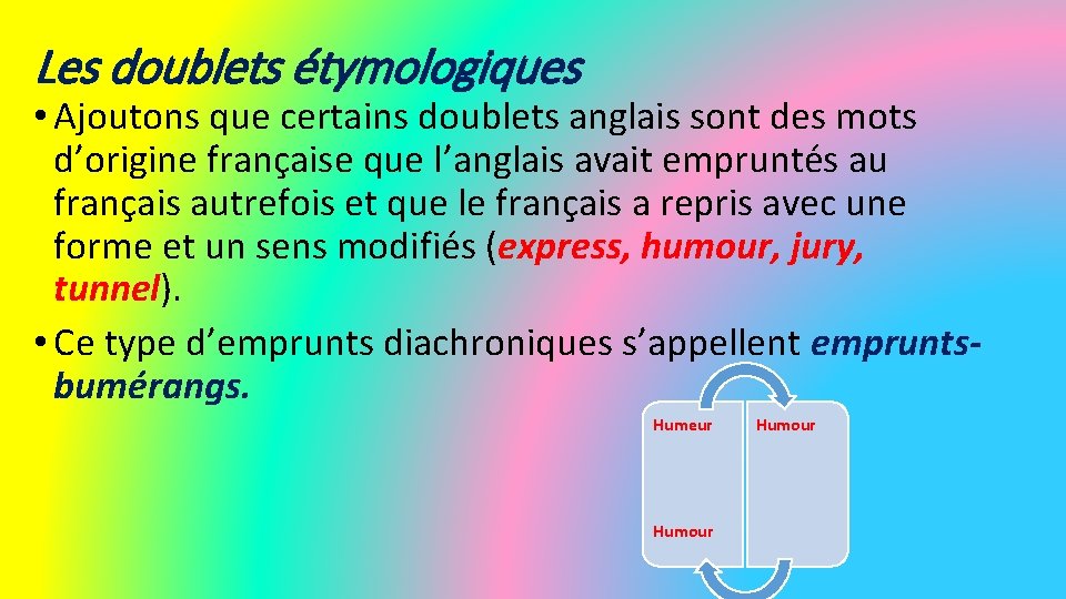 Les doublets étymologiques • Ajoutons que certains doublets anglais sont des mots d’origine française